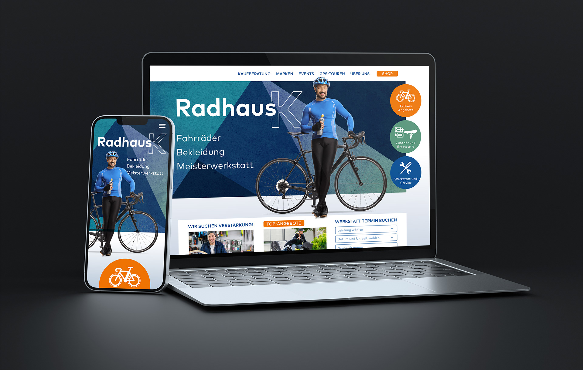 Website für den Fahrradfachhandel Radhaus K mit Werkstatt-Terminbuchung, gezeigt auf Laptop und Smartphone
