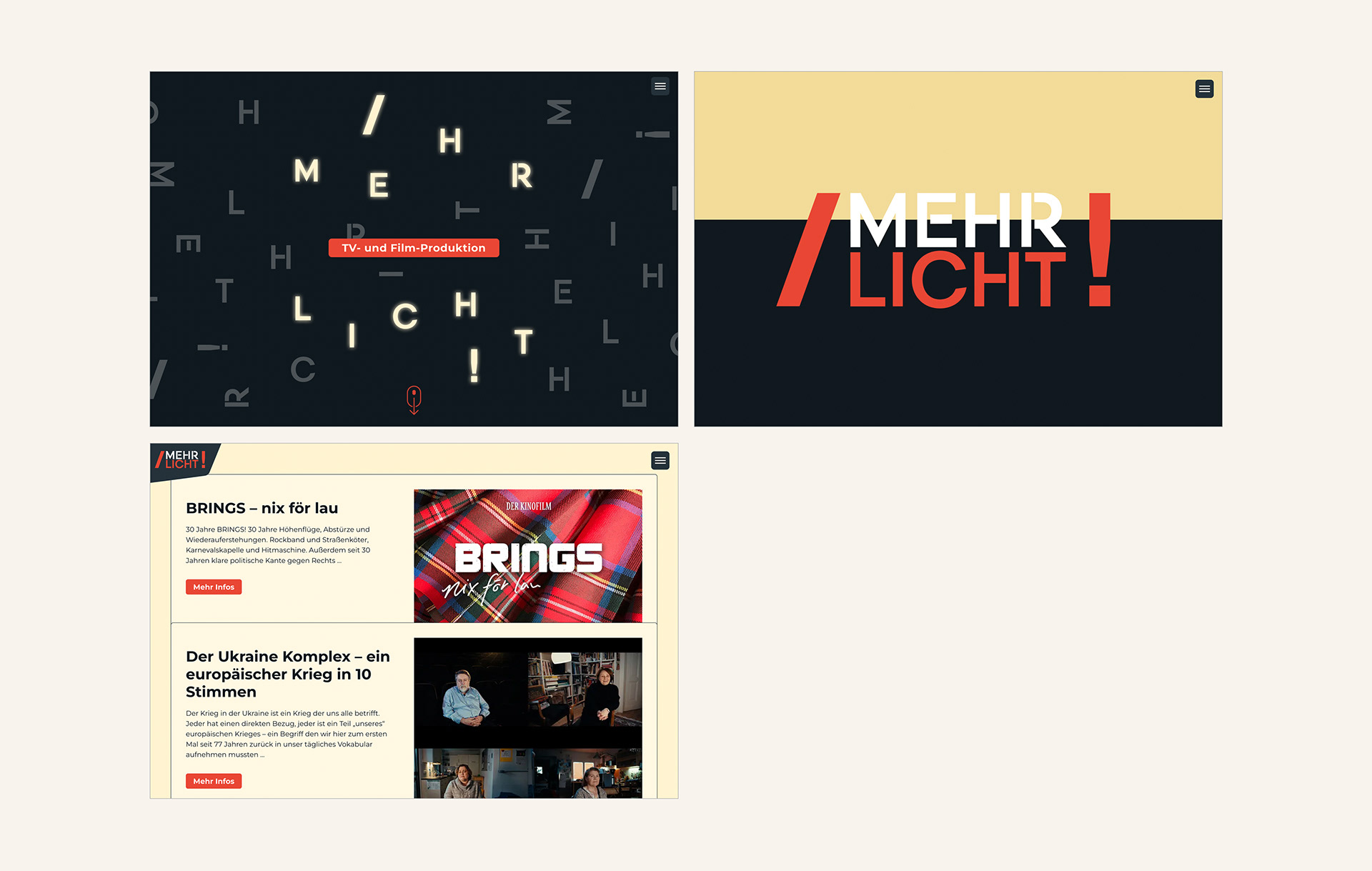 Website der TV- und Film-Produktion Mehr Licht! mit animierter Typografie und Projektübersicht