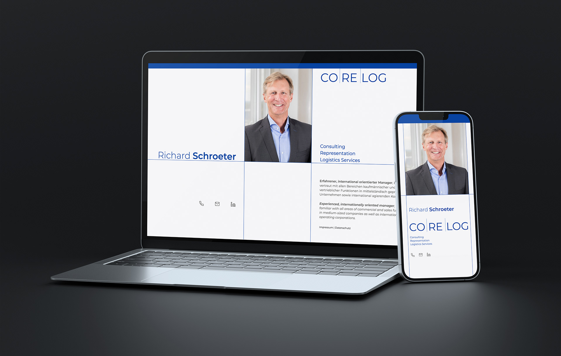 Website des Logistikberaters CORE LOG – Richard Schroeter, gezeigt auf Laptop und Smartphone
