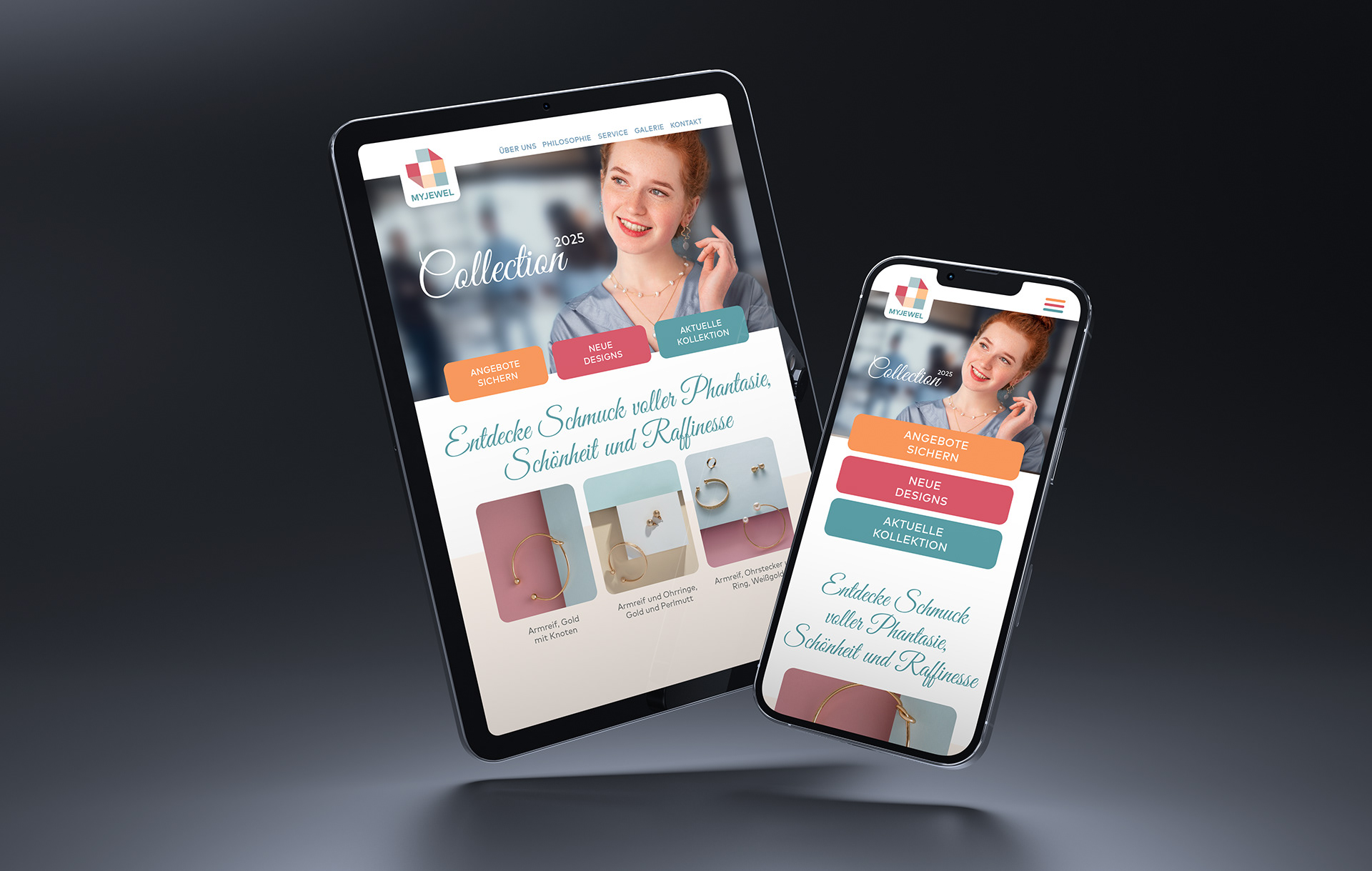 Onlineauftritt des Schmucklabels MyJewel mit aktueller Kollektion, gezeigt auf Tablet und Smartphone
