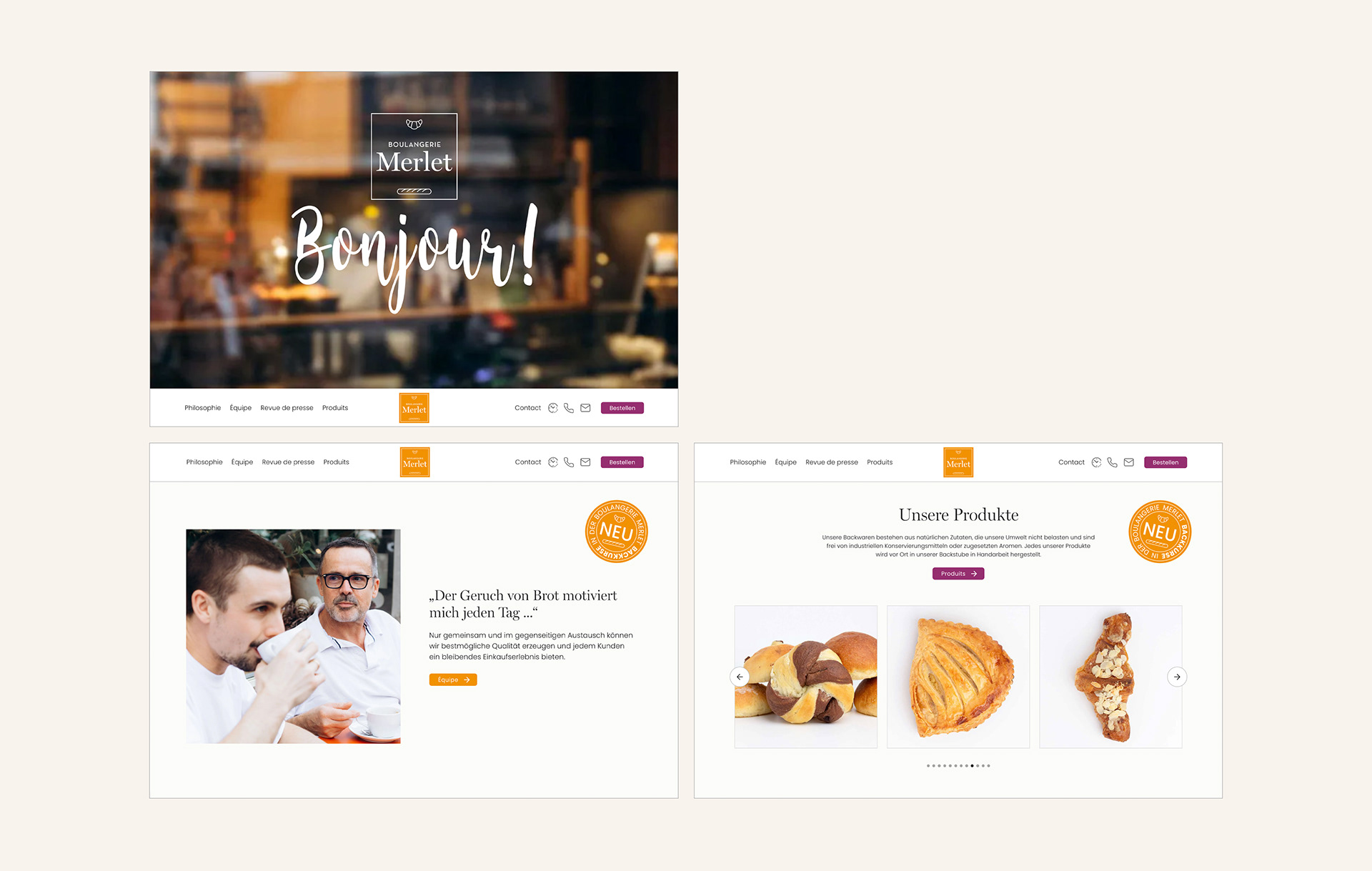 Website der Boulangerie Merlet mit Produktübersicht der Backwaren