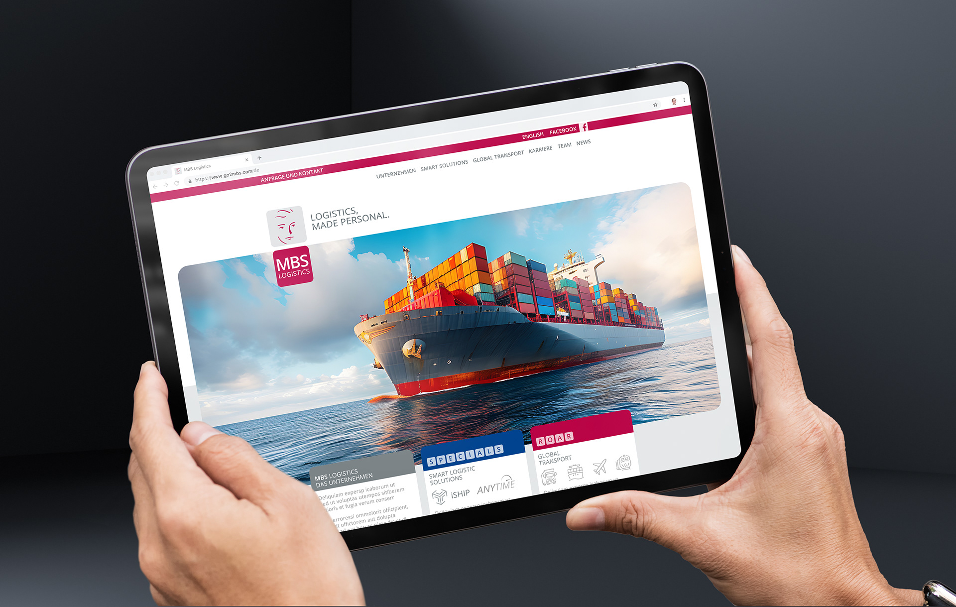 Website des Logistikunternehmens MBS Logistics, gezeigt auf einem Tablet